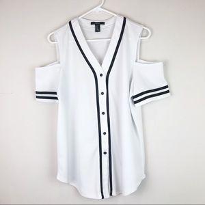 Sporty Baseball Jersey  Cold Shoulder Top (M)